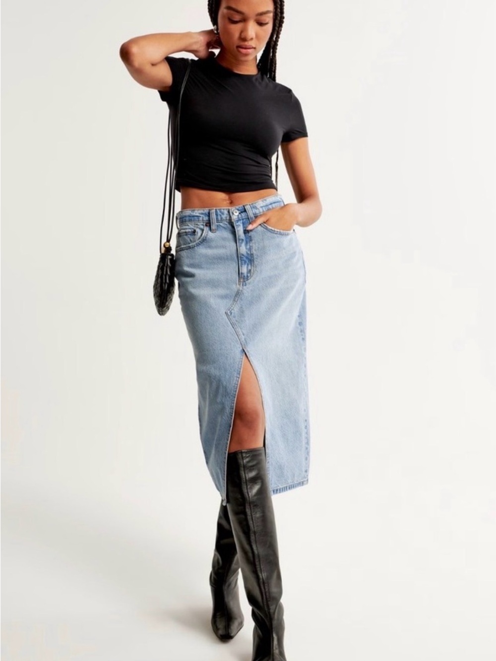Abercrombie & Fitch Light Wash Denim Midi Skirt with Front Slit
